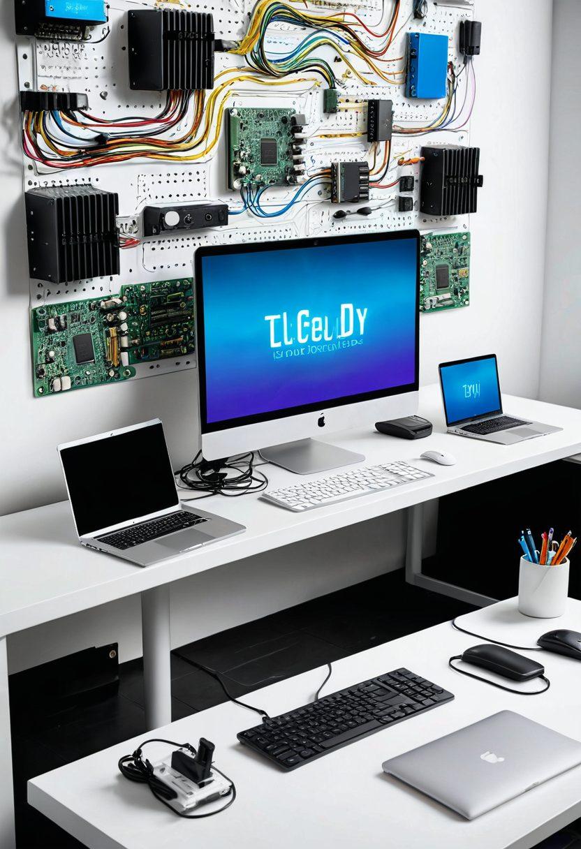 A visually engaging workspace scene featuring a desk with networking equipment like routers and cables, alongside a laptop displaying network settings. Overlay text displaying 'DIY Networking Tips' in a techy font, with vibrant colors highlighting connectivity icons. A background of circuit board elements to convey technology and security. super-realistic. vibrant colors. white background.
