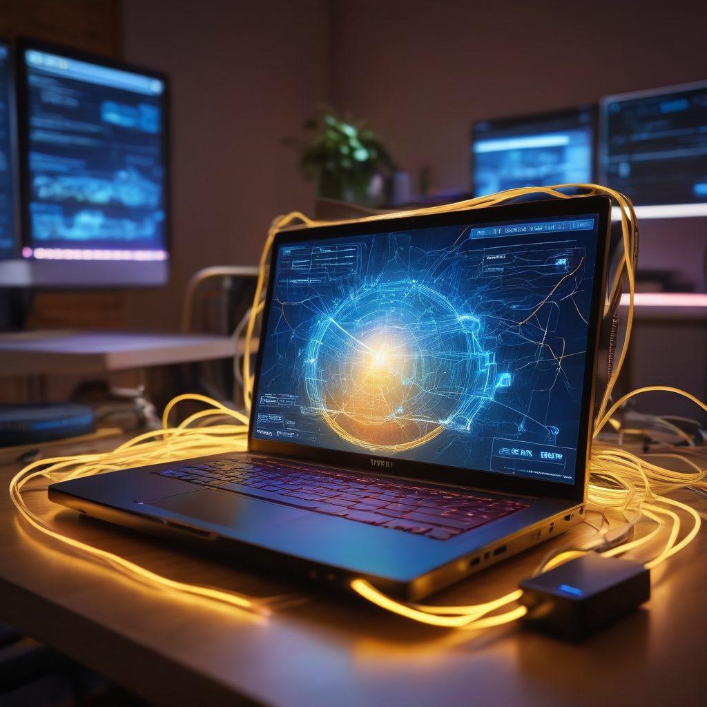 A dynamic visual of a glowing router at the center, surrounded by glowing network cables and digital icons representing connectivity, security, and data flow. In the background, a DIY enthusiast is working on a computer, displaying interfaces of DD-WRT settings on the screen. The scene exudes innovation and empowerment in networking. vibrant colors. 3D.
