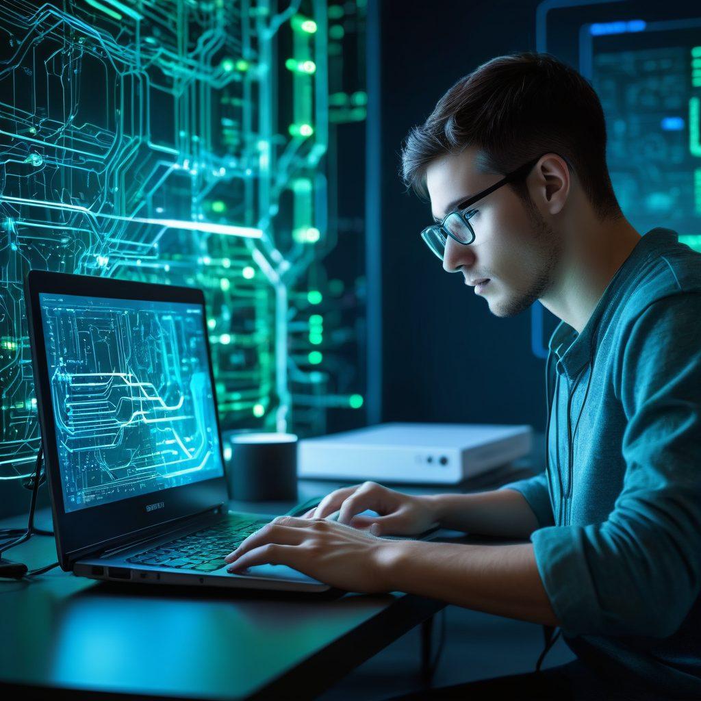 A visually engaging and informative composition featuring a series of interconnected network devices like routers and switches, surrounded by a digital circuit board pattern. Include a person working on a laptop with code on the screen, symbolizing advanced networking concepts. Highlight elements like custom firmware codes and glowing connections to illustrate the technology. The background should be a gradient of blues and greens, conveying a high-tech atmosphere. super-realistic. vibrant colors.